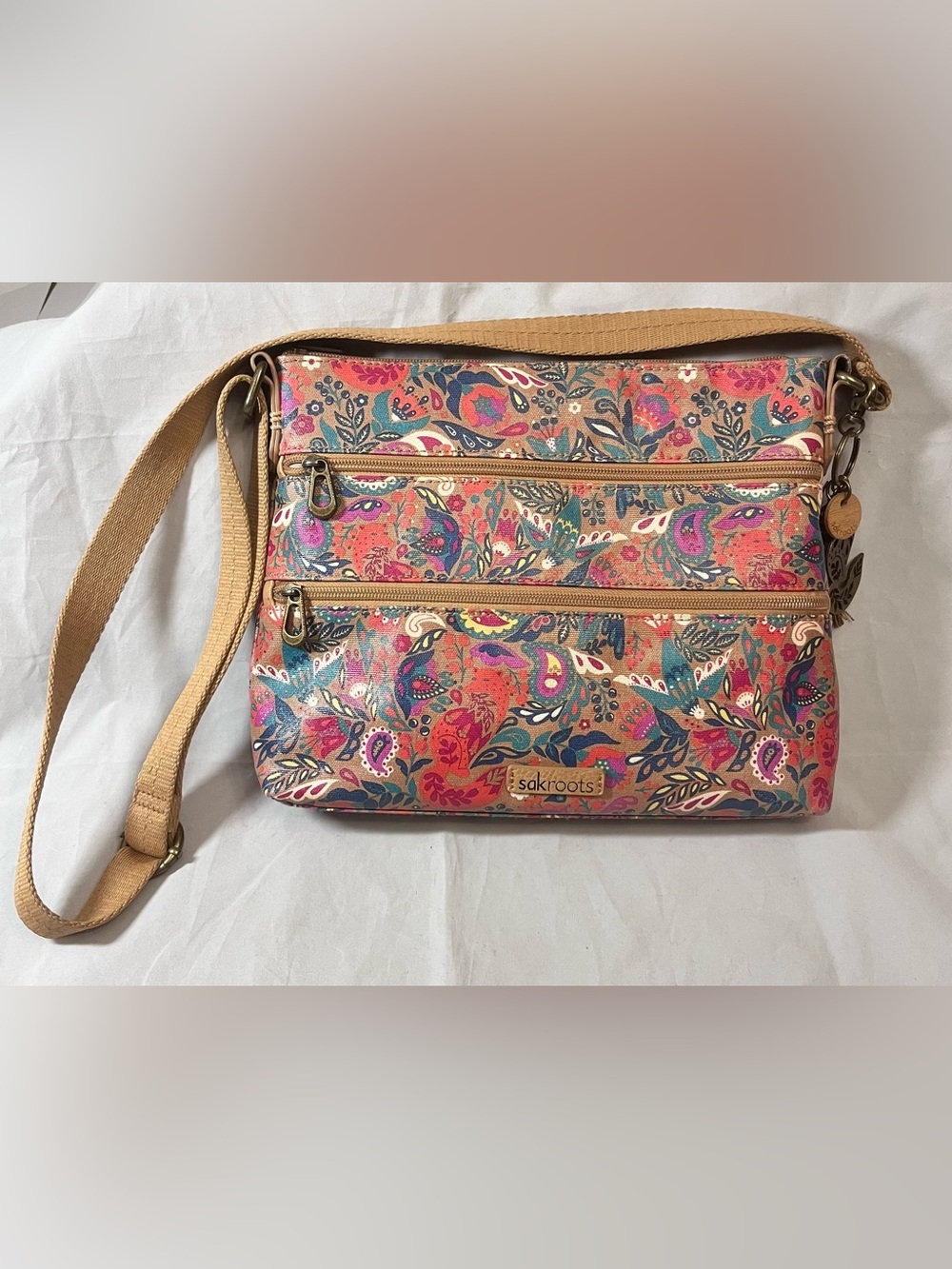 Sakroots Artist Circle Tan Floral Paisley Crossbody Bag